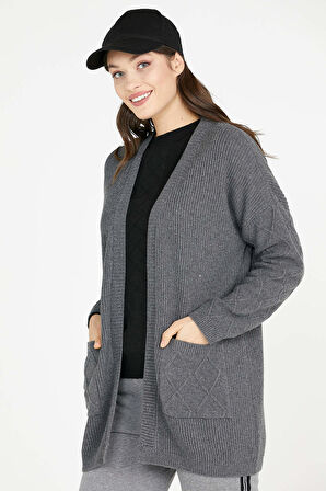 Cepli Uzun Triko Hırka  - Koyu Gri