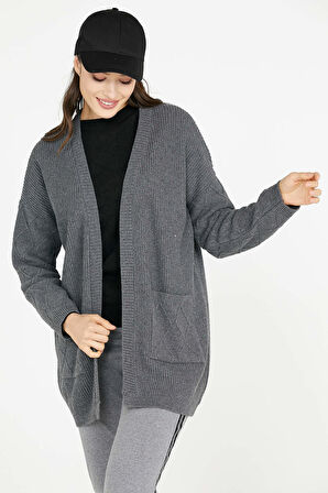 Cepli Uzun Triko Hırka  - Koyu Gri