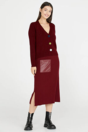 Deri Detaylı Midi Boy Triko Etek  - Bordo