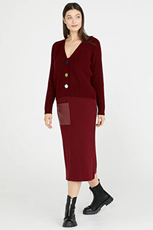 Deri Detaylı Midi Boy Triko Etek  - Bordo