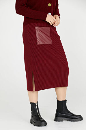 Deri Detaylı Midi Boy Triko Etek  - Bordo
