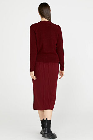 Deri Detaylı Midi Boy Triko Etek  - Bordo