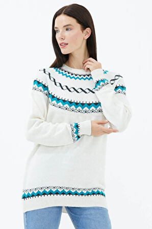 Sıfır Yaka Triko Kazak  - Kemik