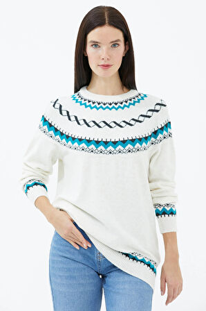 Sıfır Yaka Triko Kazak  - Kemik