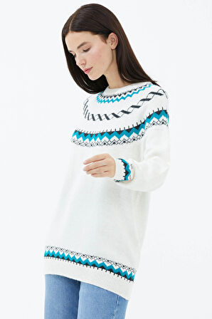 Sıfır Yaka Triko Kazak  - Kemik