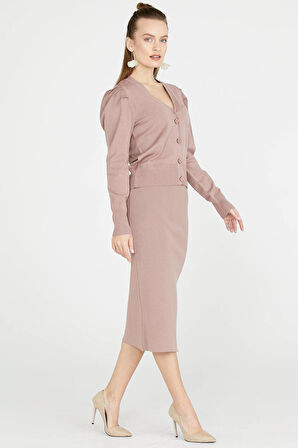 Kadın Yırtmaçlı Triko Etek  - Pudra