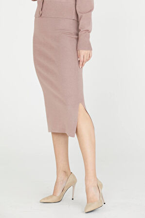 Kadın Yırtmaçlı Triko Etek  - Pudra