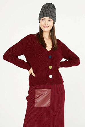 Renkli Düğmeli Triko Hırka  - Bordo