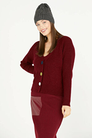 Renkli Düğmeli Triko Hırka  - Bordo