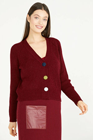 Renkli Düğmeli Triko Hırka  - Bordo