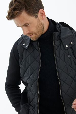 Kapitone Kapüşonlu Cepli Triko Ceket  - Siyah