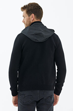 Kapitone Kapüşonlu Cepli Triko Ceket  - Siyah