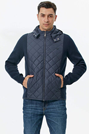 Kapitone Kapüşonlu Cepli Triko Ceket  - Lacivert