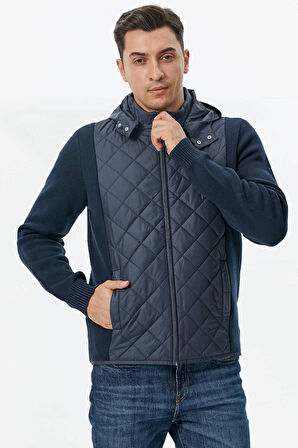 Kapitone Kapüşonlu Cepli Triko Ceket  - Lacivert