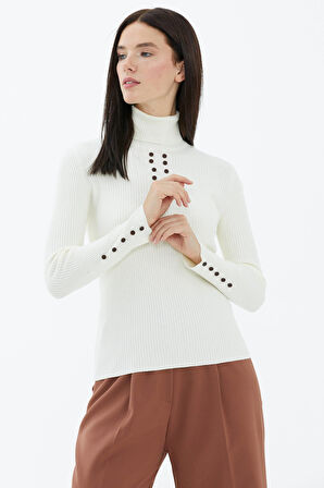 Tam Balıkçı Yaka Düğmeli Triko Kazak  - Kemik