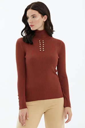 Tam Balıkçı Yaka Düğmeli Triko Kazak  - Kiremit