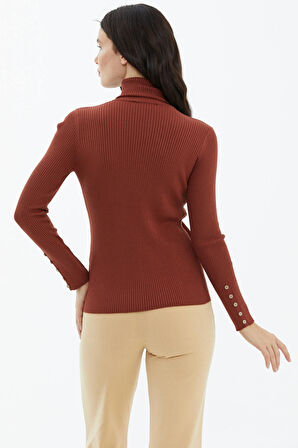 Tam Balıkçı Yaka Düğmeli Triko Kazak  - Kiremit