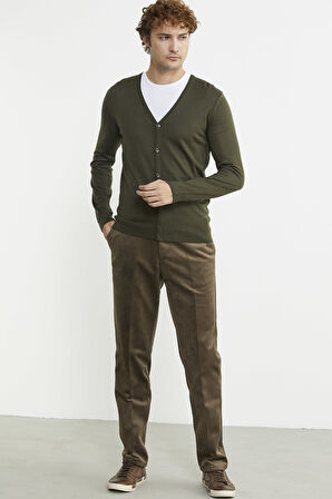 Erkek V Yaka Düğmeli Triko Hırka - Yeşil