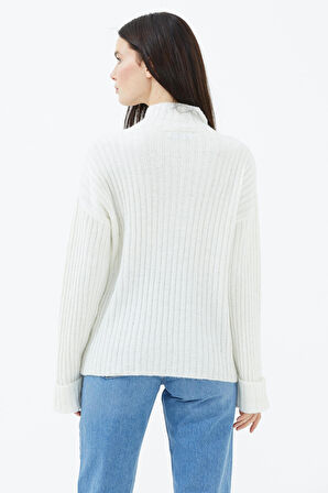 Yarım Balıkçı Yaka Düğmeli Kazak  - Kemik