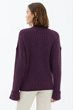 Yarım Balıkçı Yaka Düğmeli Kazak  - Mor