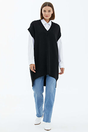 V Yaka Uzun Triko Süveter  - Siyah