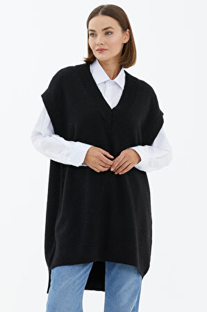 V Yaka Uzun Triko Süveter  - Siyah