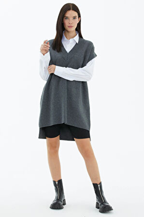 V Yaka Uzun Triko Süveter  - Koyu Gri