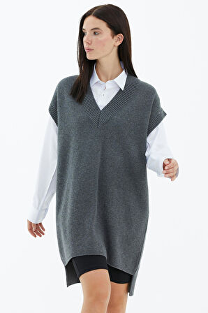 V Yaka Uzun Triko Süveter  - Koyu Gri