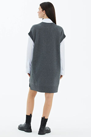 V Yaka Uzun Triko Süveter  - Koyu Gri