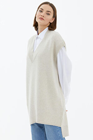 V Yaka Uzun Triko Süveter  - Açık Bej