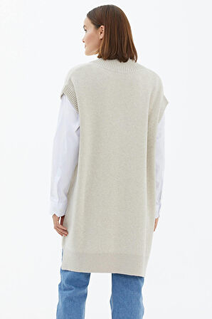 V Yaka Uzun Triko Süveter  - Açık Bej