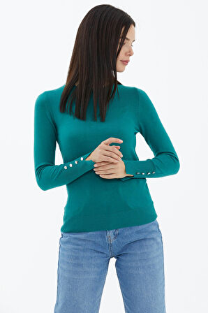 Sıfır Yaka Kolu Düğmeli Triko Kazak  - Yeşil