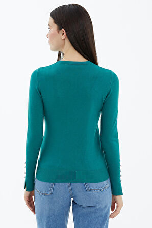 Sıfır Yaka Kolu Düğmeli Triko Kazak  - Yeşil