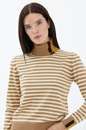 Tam Balıkçı Yaka Çizgili Triko Kazak  - Kamel