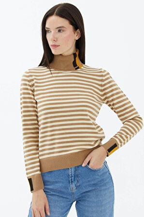 Tam Balıkçı Yaka Çizgili Triko Kazak  - Kamel