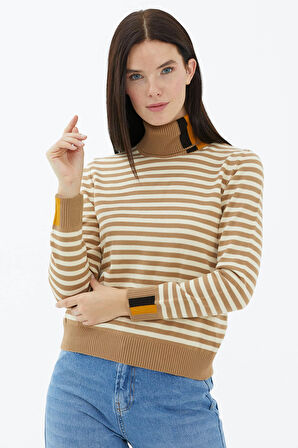 Tam Balıkçı Yaka Çizgili Triko Kazak  - Kamel