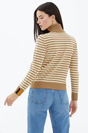 Tam Balıkçı Yaka Çizgili Triko Kazak  - Kamel