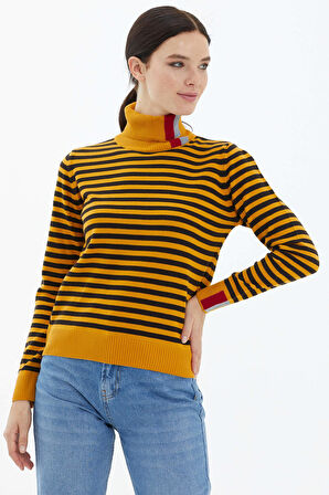 Tam Balıkçı Yaka Çizgili Triko Kazak  - Güneş