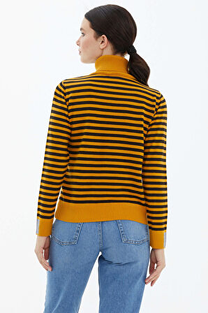 Tam Balıkçı Yaka Çizgili Triko Kazak  - Güneş