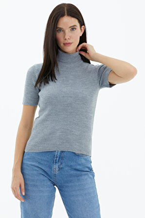 Tam Balıkçı Yaka Kısa Kollu Triko Kazak  - Gri