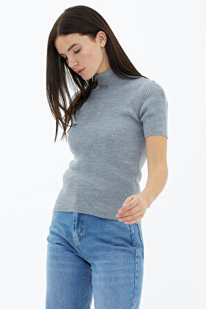 Tam Balıkçı Yaka Kısa Kollu Triko Kazak  - Gri