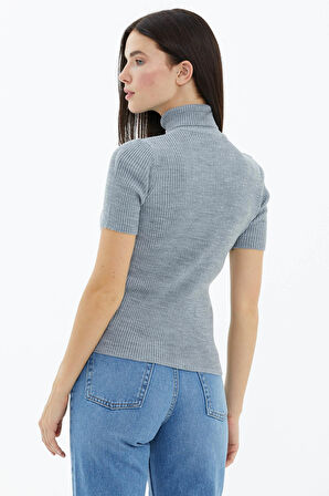 Tam Balıkçı Yaka Kısa Kollu Triko Kazak  - Gri