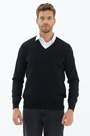 Süet Garnili Saç Örgülü Triko Kazak  - Siyah