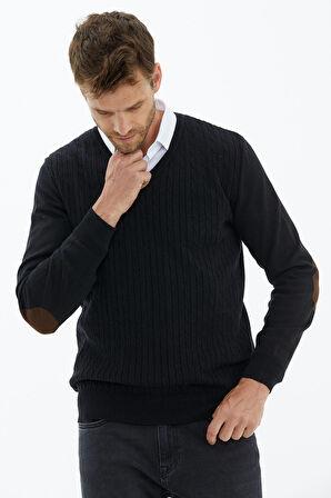 Süet Garnili Saç Örgülü Triko Kazak  - Siyah