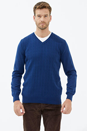 Süet Garnili Saç Örgülü Triko Kazak  - Lacivert