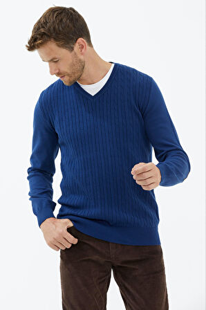 Süet Garnili Saç Örgülü Triko Kazak  - Lacivert