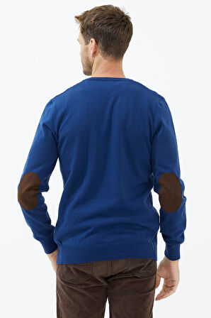 Süet Garnili Saç Örgülü Triko Kazak  - Lacivert