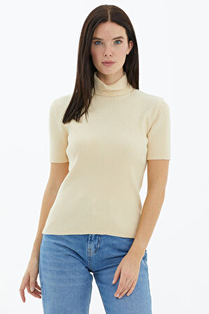 Tam Balıkçı Yaka Kısa Kollu Triko Kazak  - Krem