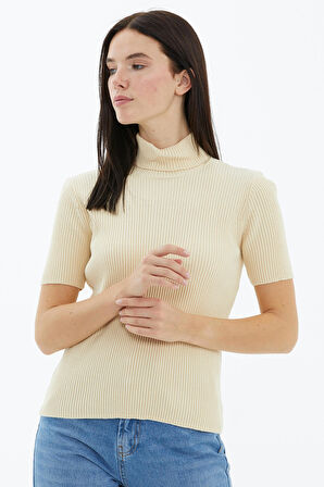 Tam Balıkçı Yaka Kısa Kollu Triko Kazak  - Krem