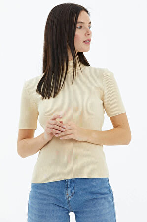 Tam Balıkçı Yaka Kısa Kollu Triko Kazak  - Krem